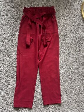 High-Waist Paperbag Waist Red Tapered Pants